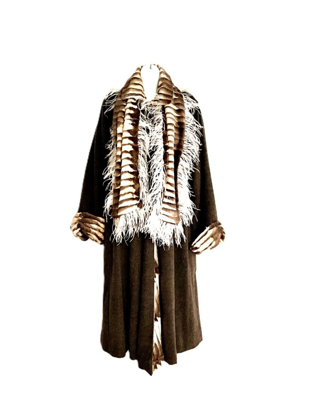 FENDI Reversible Coat Cashmere Squirrel Neck Fur w/Ostrich Feather Scarf